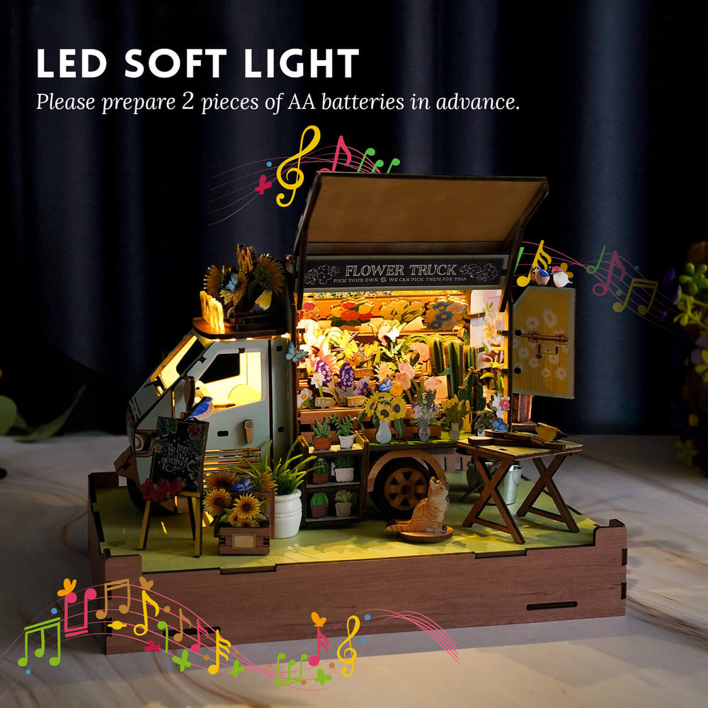 DIY miniature flower cart with soft LED light, colorful flowers, and a charming design, ideal for craft lovers.