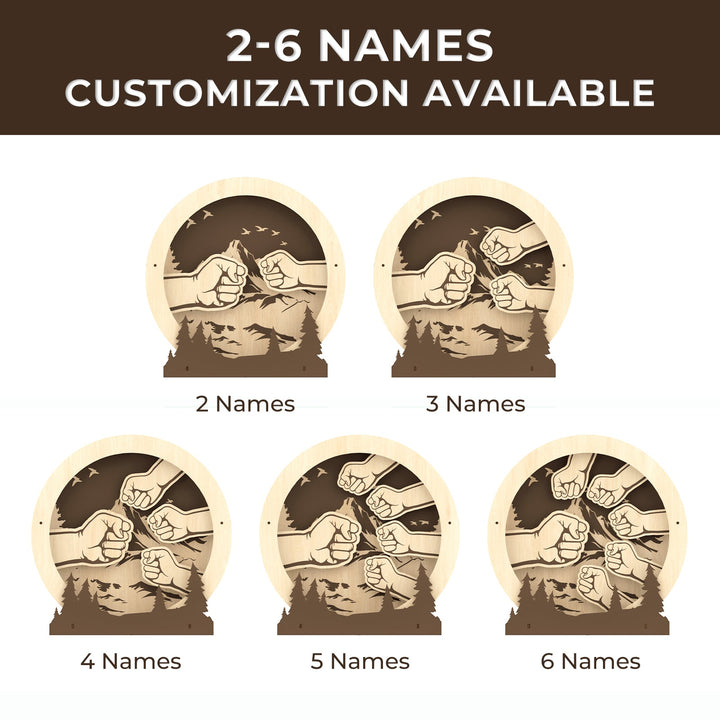Personalized wooden signs showcasing customizable options for 2 to 6 names with fist designs, perfect family gifts.