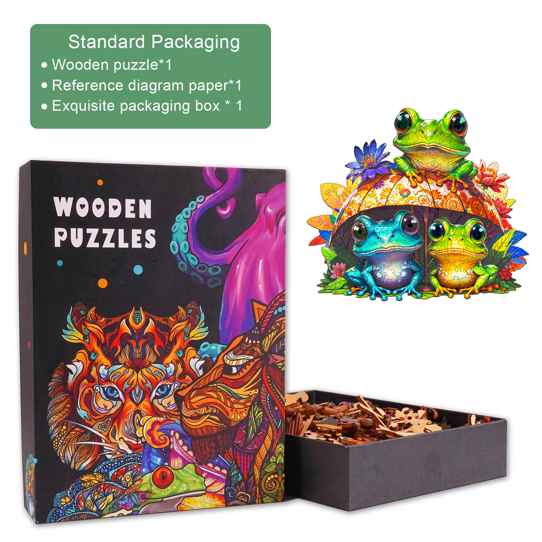 Frog Brothers Wooden Jigsaw Puzzle with vibrant design, includes puzzle pieces and packaging for mind-engaging fun.