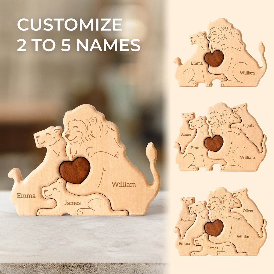 Wooden Lion Family Name Puzzle customizable for 2 to 5 names, perfect gift for family celebrations.