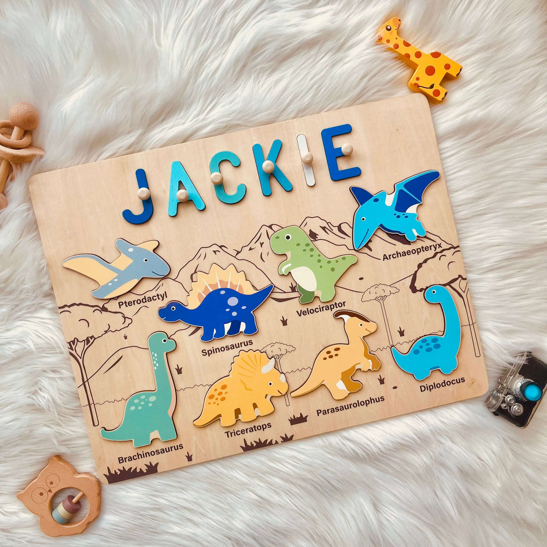 Personalized dinosaur name puzzle featuring colorful wooden letters and dinosaur illustrations for educational play.