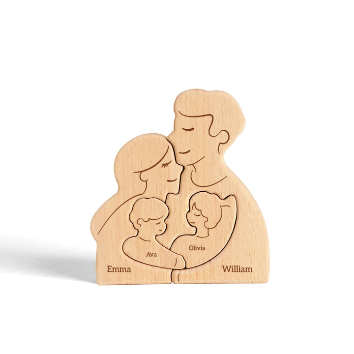Personalized wooden family puzzle featuring carved names Emma, William, Ava, and Olivia for home decor.