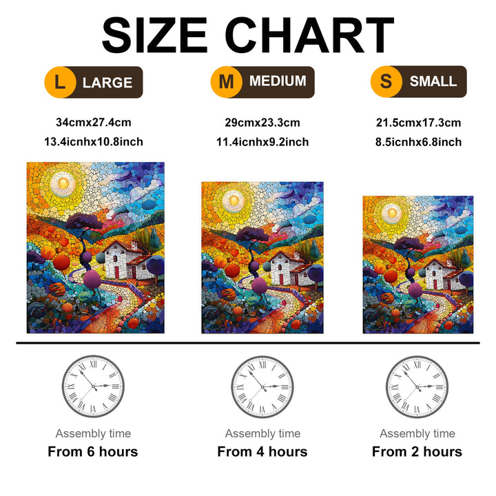 Size chart for Country House artwork by Pietro Gallo, showing dimensions and assembly times for large, medium, and small options.