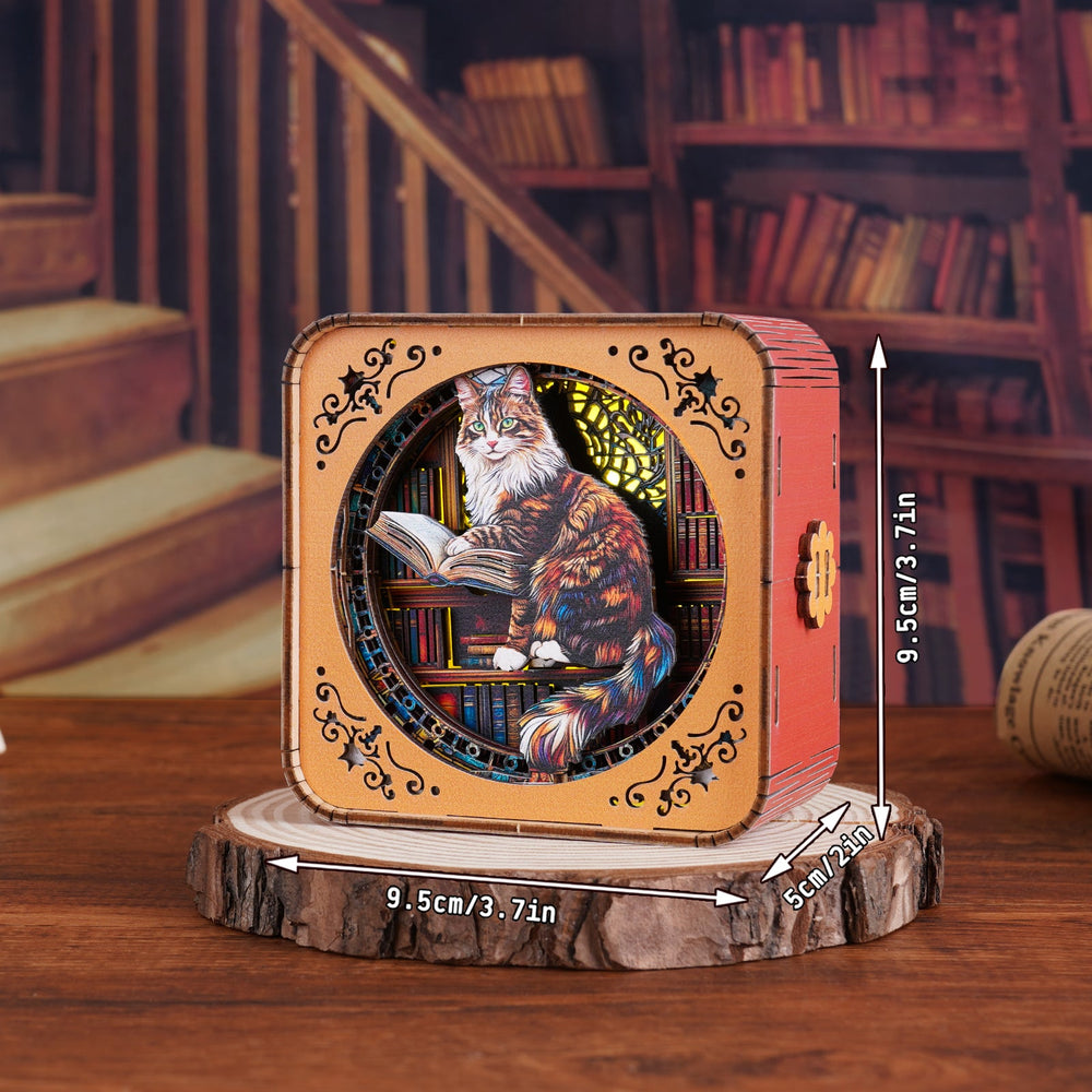 3D wooden puzzle night light featuring a Maine Coon cat reading in a cozy library setting.