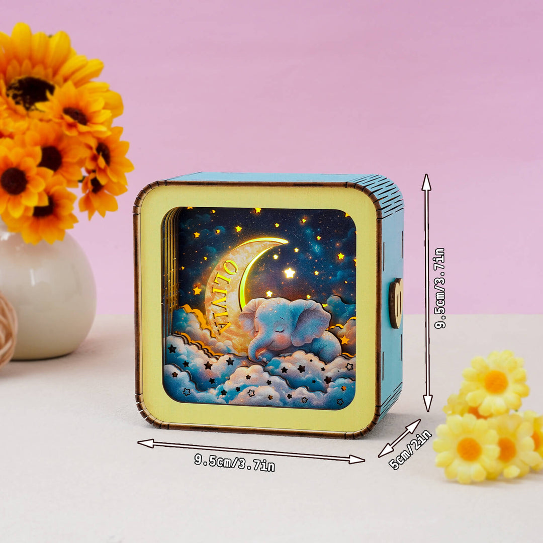 3D wooden puzzle night light featuring an elephant on clouds, perfect for home decor and handmade gifts.