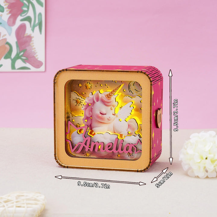 Personalized 3D wooden puzzle night light featuring a unicorn, custom name 'Amelia', perfect for home decor.