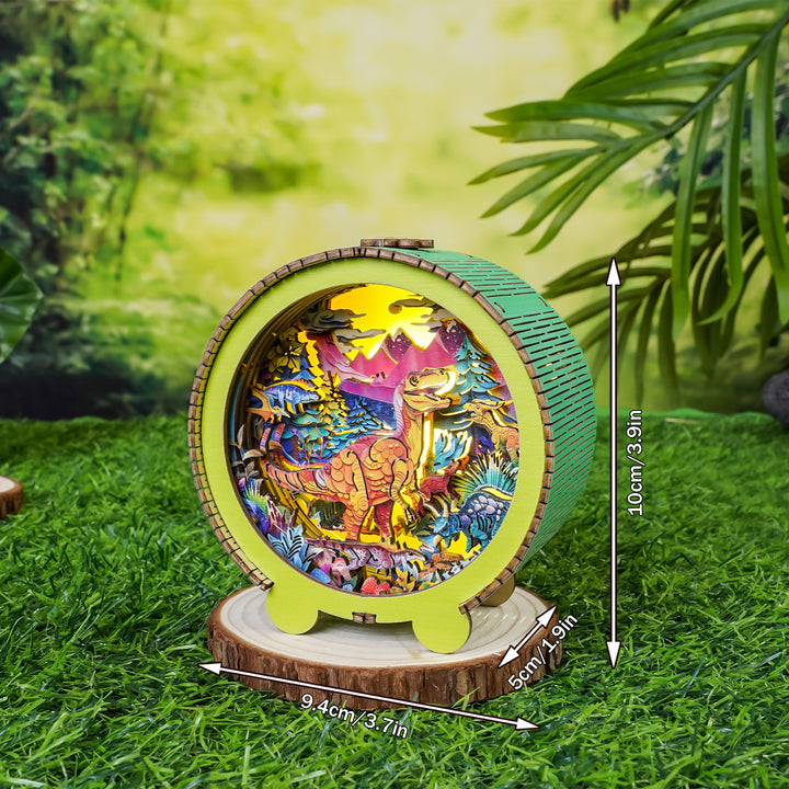 3D wooden puzzle night light featuring colorful dinosaur scene, designed for kids' rooms, with measurement details.