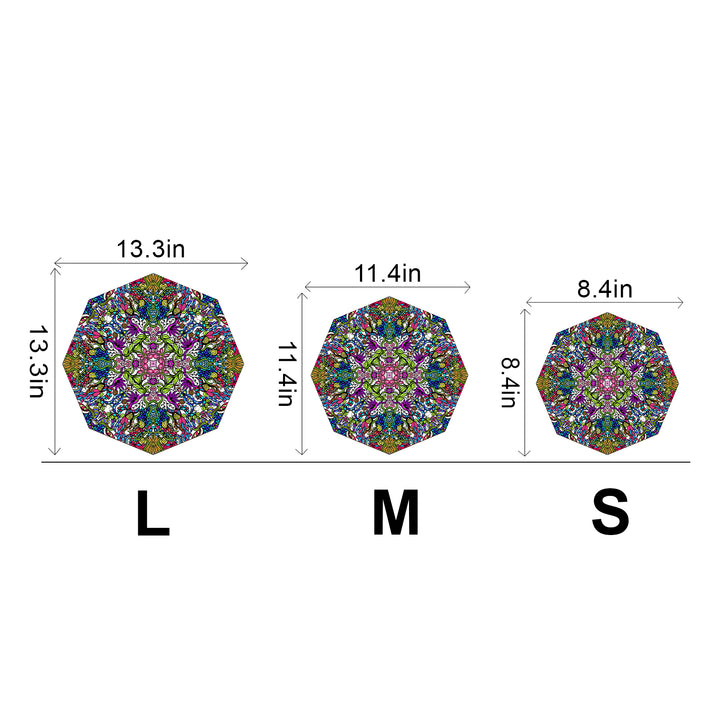Colorful doodle art octagons in three sizes: L (13.3in), M (11.4in), S (8.4in) showcasing vibrant design by Lori Anne McKague.
