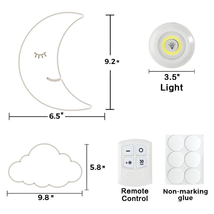 Moon and cloud wall light dimensions: moon 6.5x9.2 in, cloud 5.8x9.8 in, light 3.5 in, includes remote or non-marking glue.