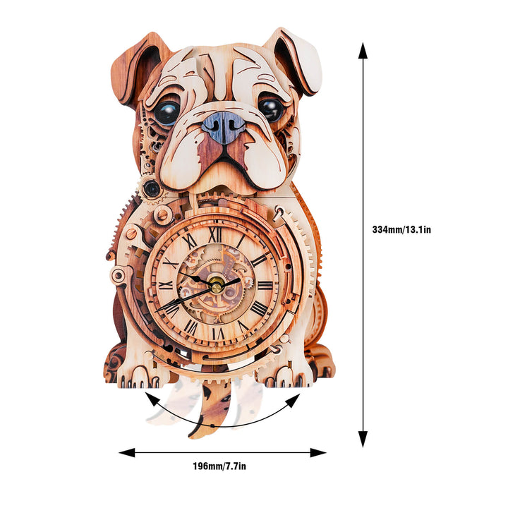 3D wooden Bulldog clock puzzle showing elegant design, detailed craftsmanship, and functional mechanics, ideal for DIY enthusiasts.