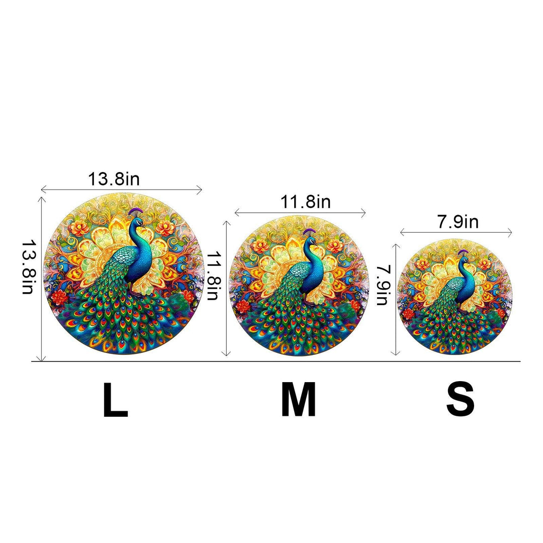 Mandala Peacock Wooden Jigsaw Puzzle in three sizes: large, medium, and small, showcasing vivid colors and intricate design.