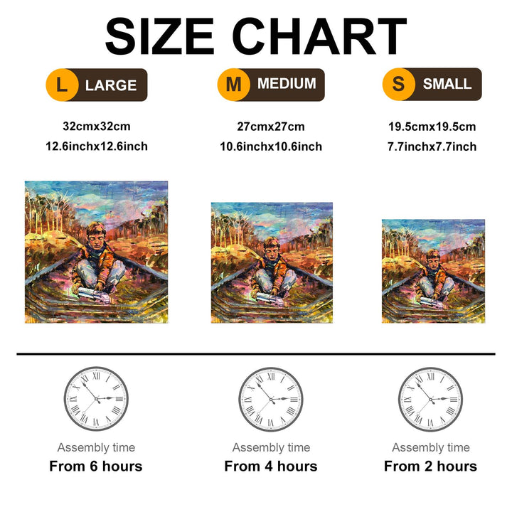 Size chart for Arlet Gomez's artwork "On the Way" showing dimensions and assembly times for large, medium, and small sizes.