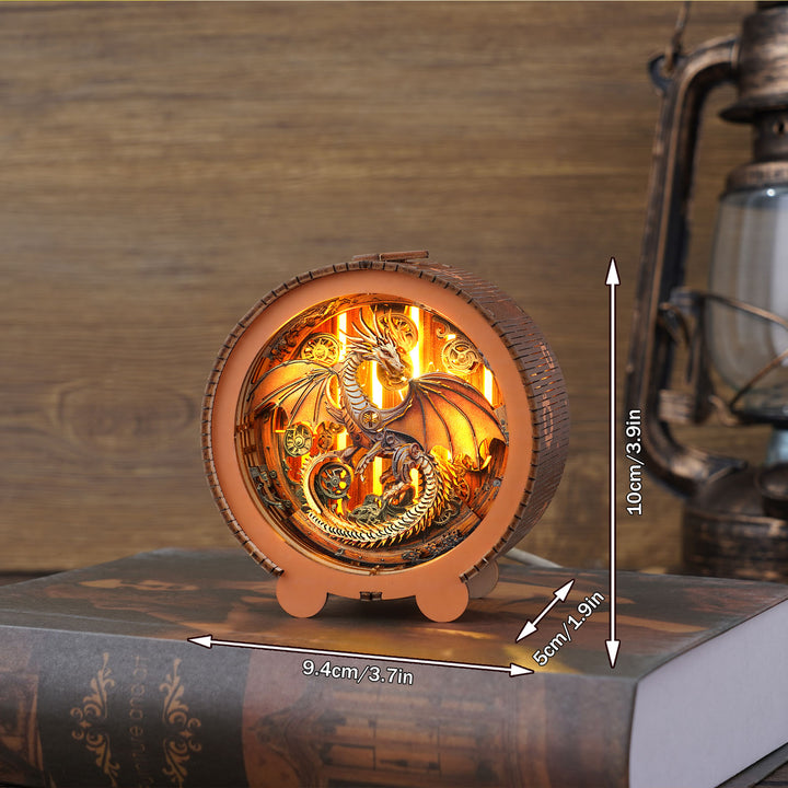 Mechanical dragon night light 3D wooden puzzle, showcasing intricate design and warm illumination on a wooden background.