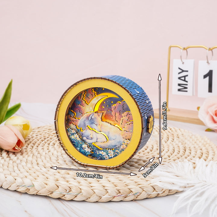 Golden Moon Dream Kit 3D wooden puzzle night light featuring a serene cat under the moon, perfect for decorative display.