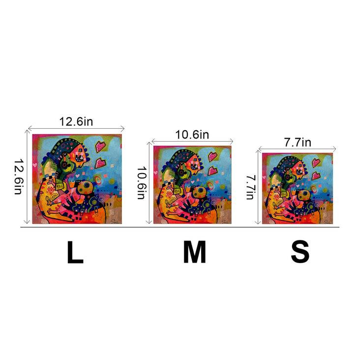 Colorful artwork titled 'Mother and Son' by Shirin Moarefi, available in large, medium, and small sizes.