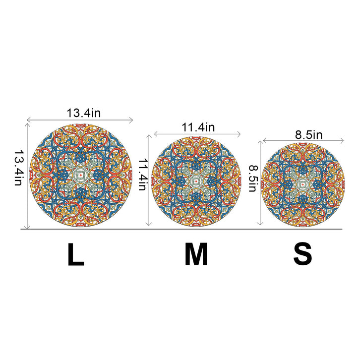 Mandala Celtic Chaos by Lori Anne McKague in three sizes: Large 13.4in, Medium 11.4in, and Small 8.5in decorative art pieces.