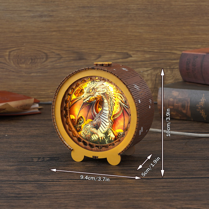 Steampunk dragon night light 3D wooden puzzle with intricate design and warm glow, diameter 9.4cm, height 10cm.