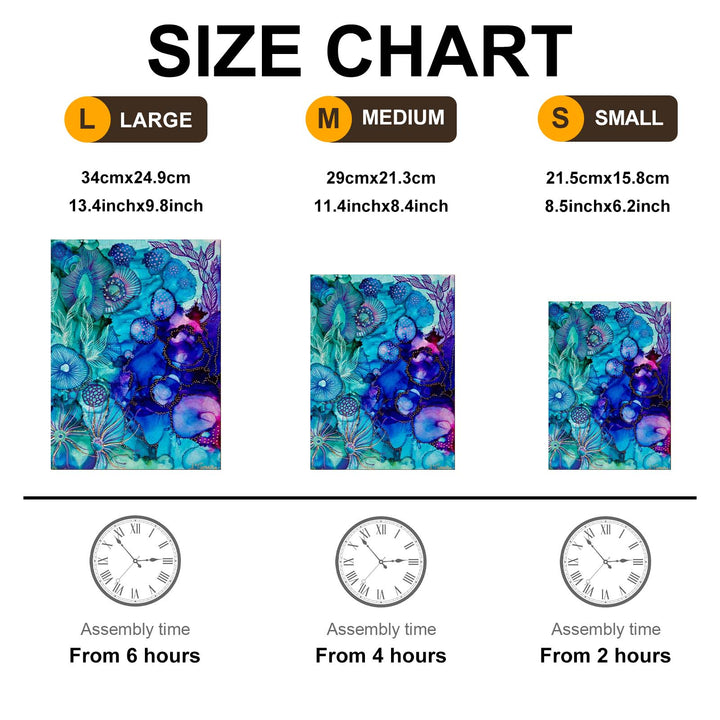 Size chart for artwork 'Into the Mystic' by Amy Tieman, showing dimensions and assembly times for large, medium, and small options.