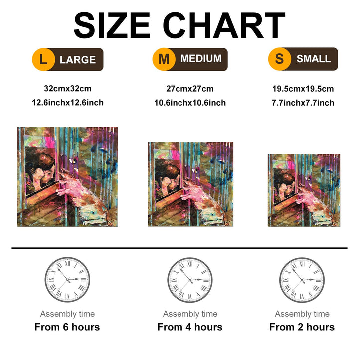 Size chart for 'The Other Side' artwork by Arlet Gomez, showing dimensions and assembly times for large, medium, and small options.