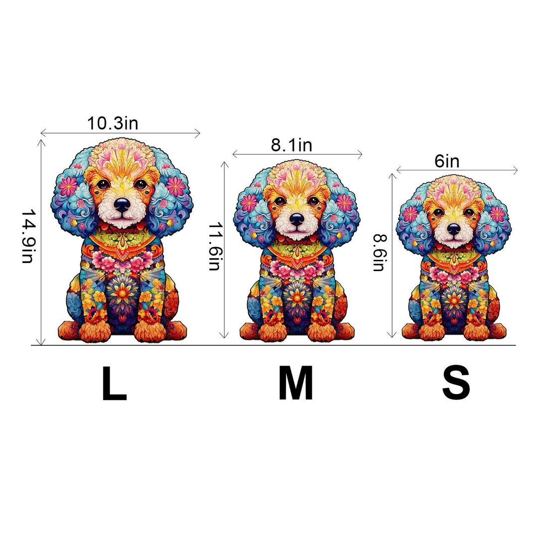 Cute Poodle Wooden Jigsaw Puzzle featuring large, medium, and small colorful poodle designs with measurements.