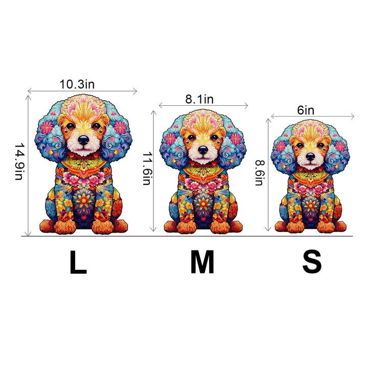 Cute Poodle Wooden Jigsaw Puzzle featuring large, medium, and small colorful poodle designs with measurements.