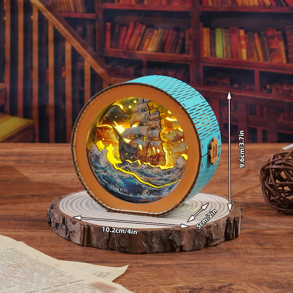 Intrepid Explorer 3D wooden night light puzzle featuring a ship design, beautifully lit and displayed on a wooden base.