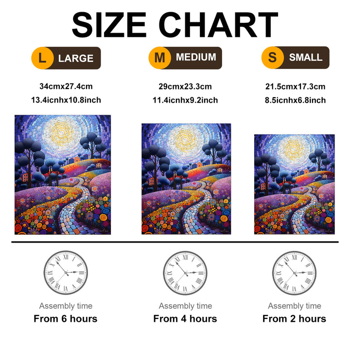 Size chart for 'The Marvelous Journey' by Pietro Gallo showing dimensions and assembly times for large, medium, and small options.