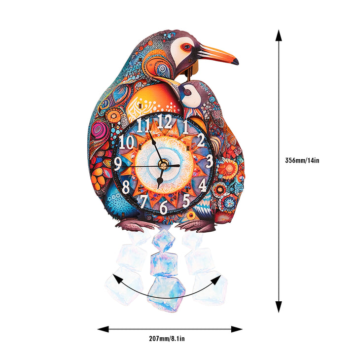 Colorful parent-child penguin design wooden clock with intricate patterns and ice cubes, DIY 3D puzzle kit.
