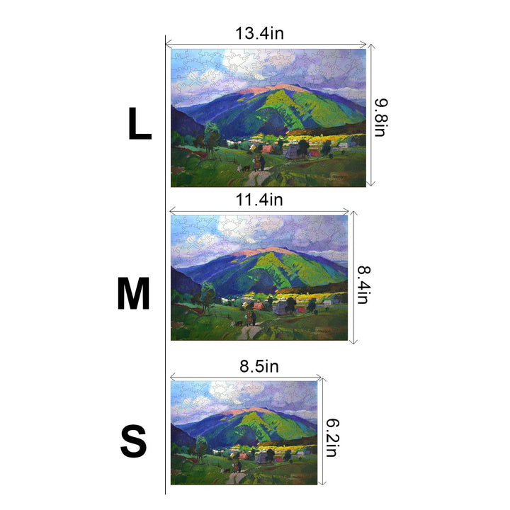 Dimensions of 'The End of Summer' by Alexander Shandor in large, medium, and small sizes for art enthusiasts.