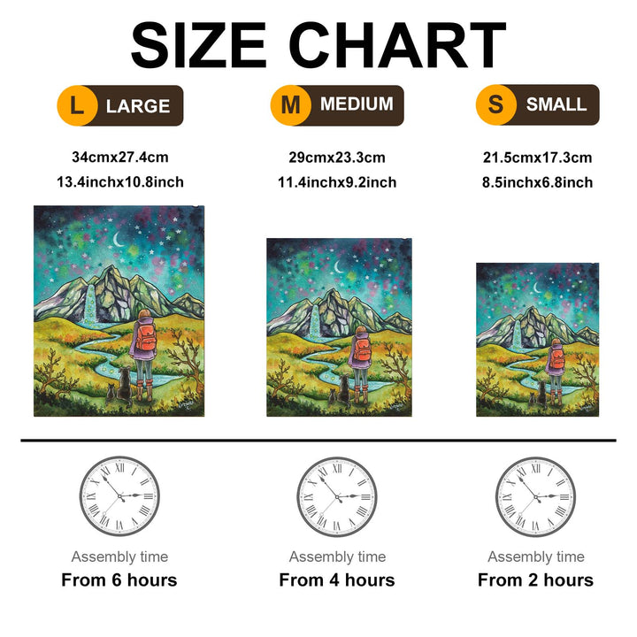 Size chart for 'Mountains and Stars' artwork by Kathryn Fedora, displaying large, medium, and small options with assembly times.