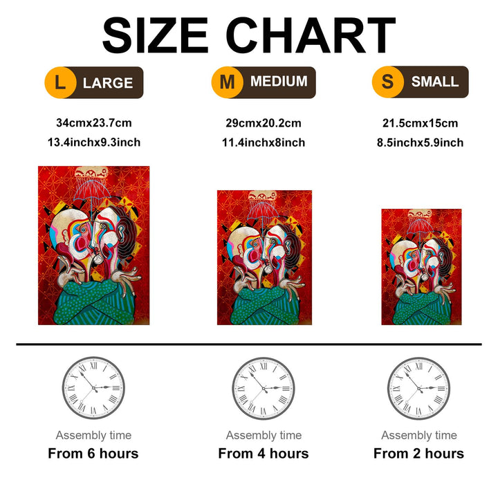 Size chart for artwork with dimensions and assembly times for large, medium, and small options.