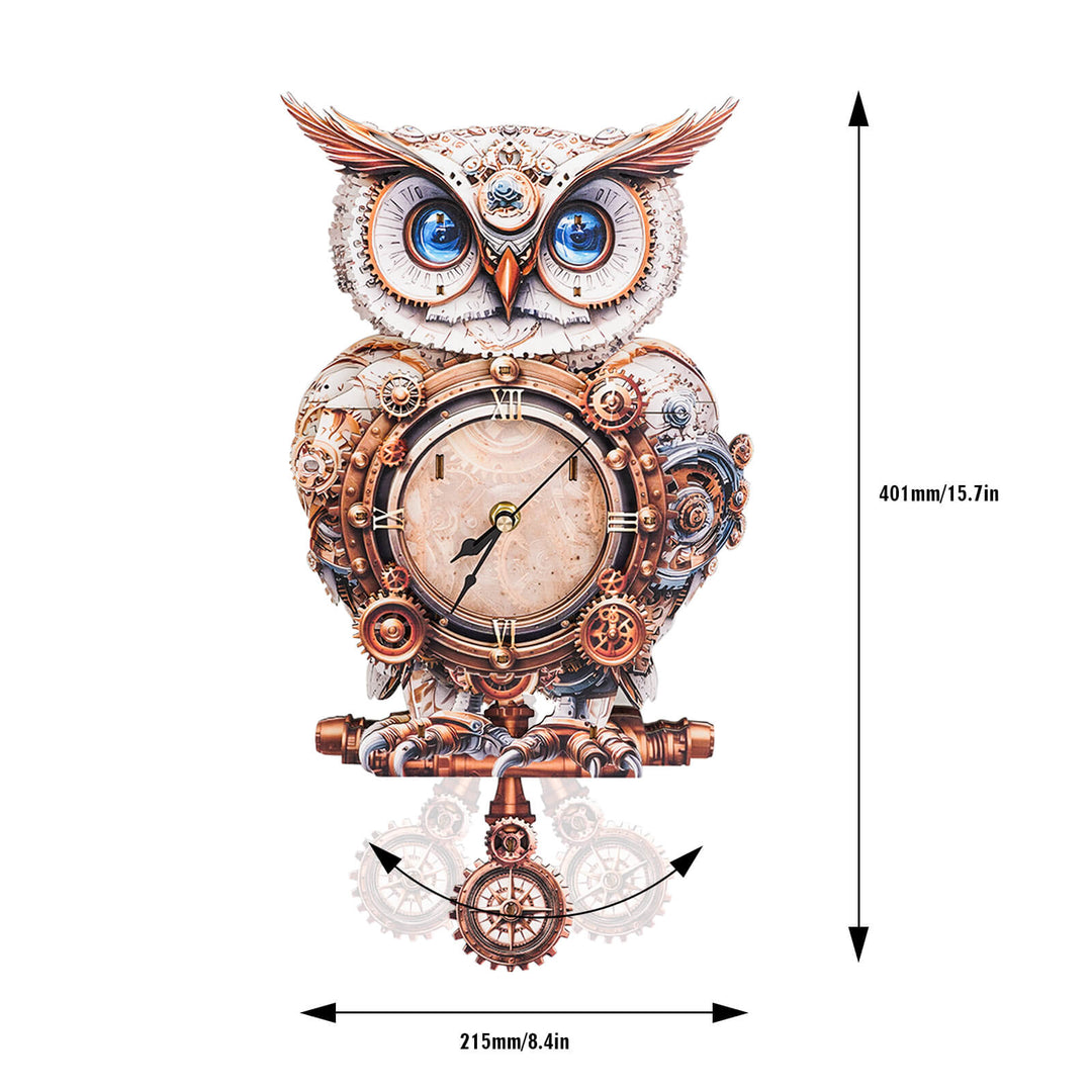 Mechanical owl clock with intricate gears and beautiful design, showcasing a unique DIY 3D puzzle craft kit.