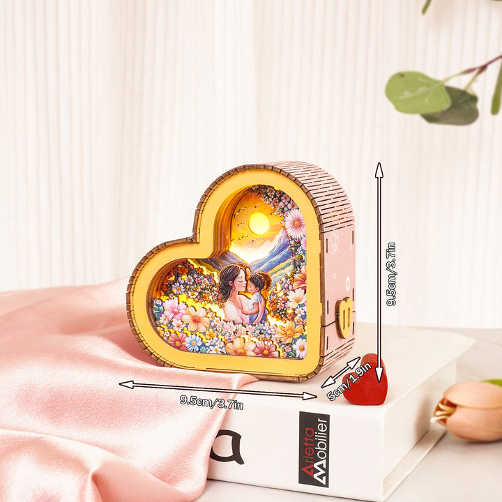 Hand-crafted heart-shaped 3D wooden puzzle night light with floral design and warm glow, perfect for Mother's Day.