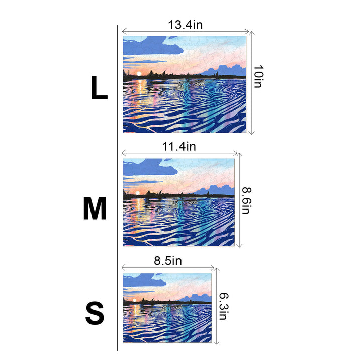 Black Rapids View artwork by Sarah Bradfield, showcasing sizes L, M, and S with vibrant water reflections.