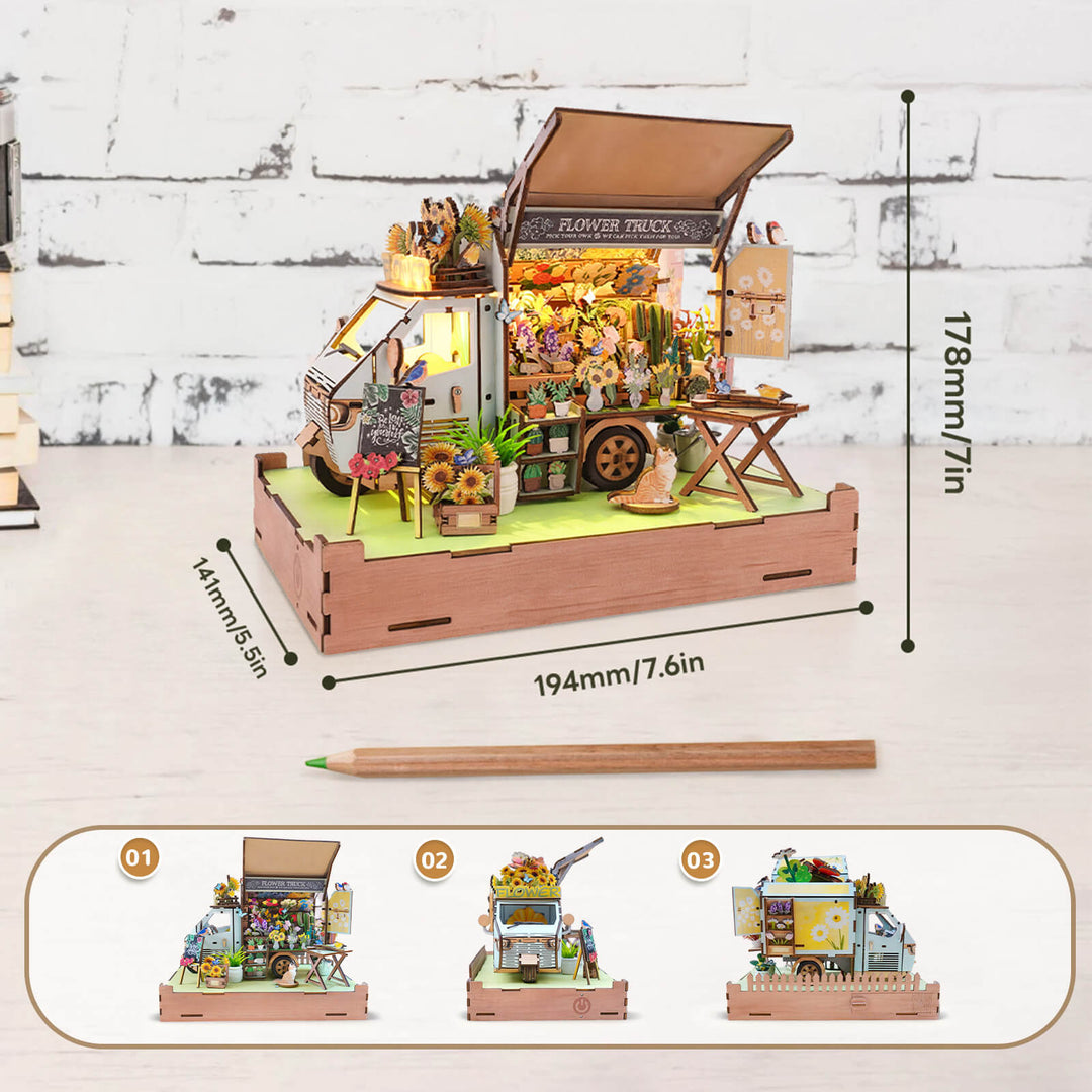 Charming DIY miniature flower cart wooden puzzle, showcasing detailed assembly and craftsmanship in a cozy setting.