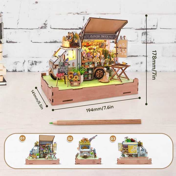 Charming DIY miniature flower cart wooden puzzle, showcasing detailed assembly and craftsmanship in a cozy setting.