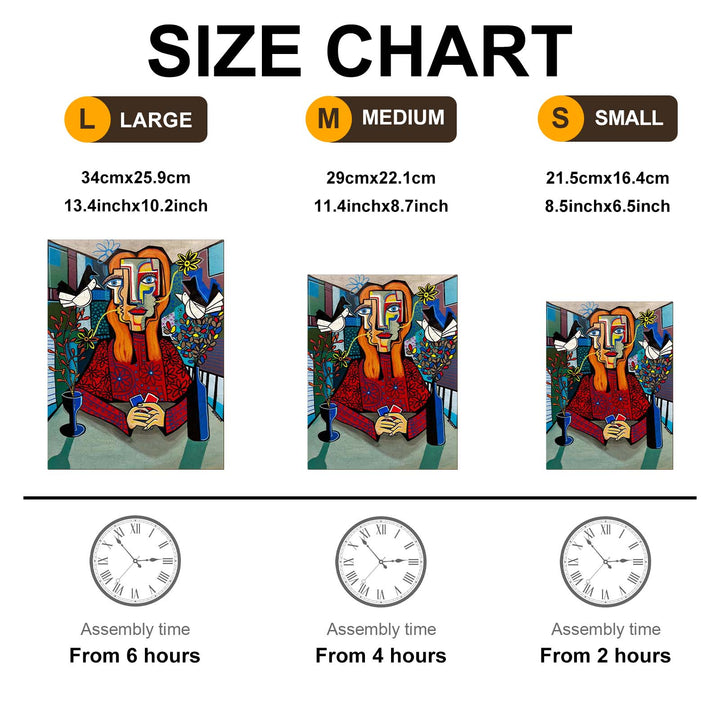 Size chart for artwork 'Enigmatic Nature' by Dylan Gill with dimensions and assembly times for large, medium, and small options.