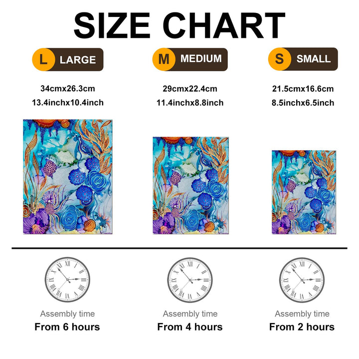 Size chart for artwork by Amy Tieman, showing dimensions and assembly times for large, medium, and small options.