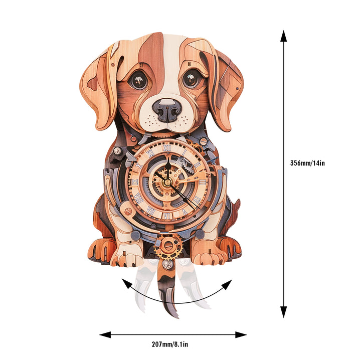 Cute beagle wooden clock 3D puzzle kit showcasing intricate design and dimensions, perfect for DIY enthusiasts.