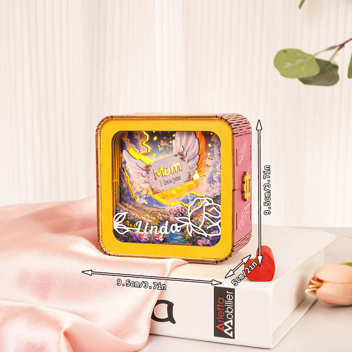 Personalized wooden music box for mom with dimensions, beautifully designed for heartfelt gifts.