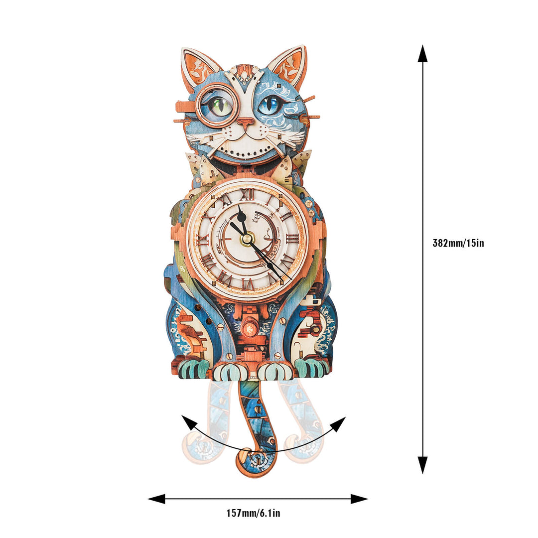 Colorful cat-shaped wooden clock DIY puzzle, perfect for hands-on crafting and home decor.