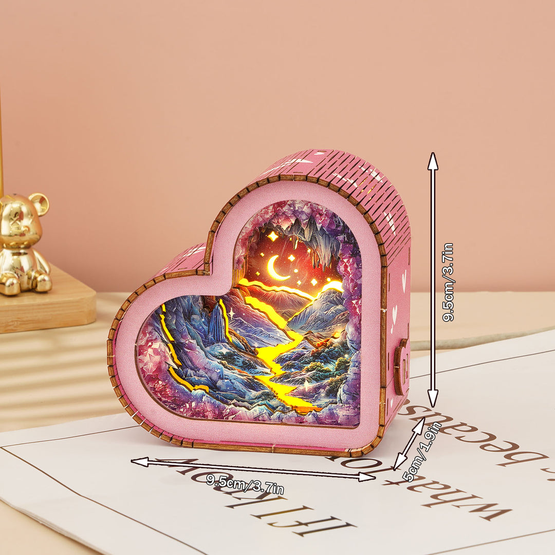 Dreamy Mine Cave Kit heart-shaped 3D wooden puzzle night light with colorful mountain scene and measurements.