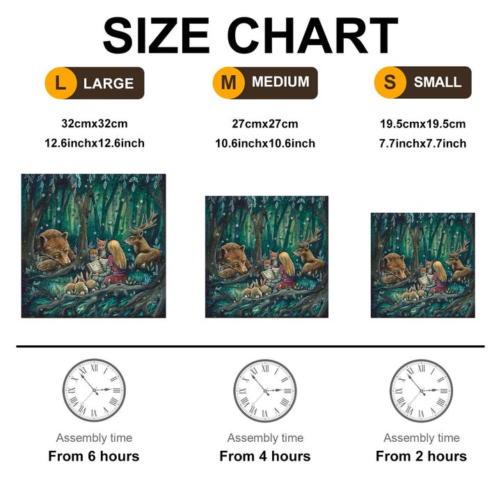 Size chart for 'The Storyteller' featuring large, medium, and small dimensions with assembly time details.