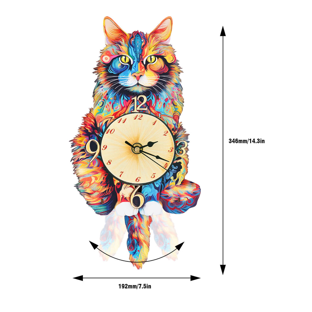 Colorful Maine Coon wooden clock design, showcasing intricate details and 3D puzzle assembly, perfect for DIY enthusiasts.