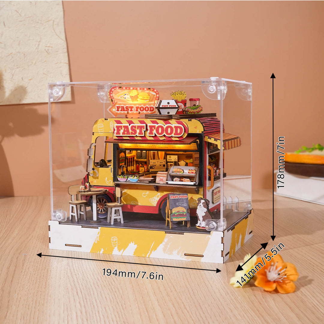 DIY miniature fast food cart 3D wooden puzzle displayed under a clear case with dimensions and detailed design.