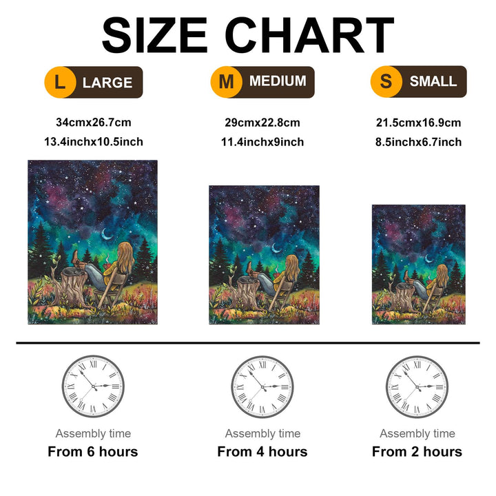 Size chart for "With The Stars" art by Kathryn Fedora, detailing dimensions and assembly times for large, medium, and small options.