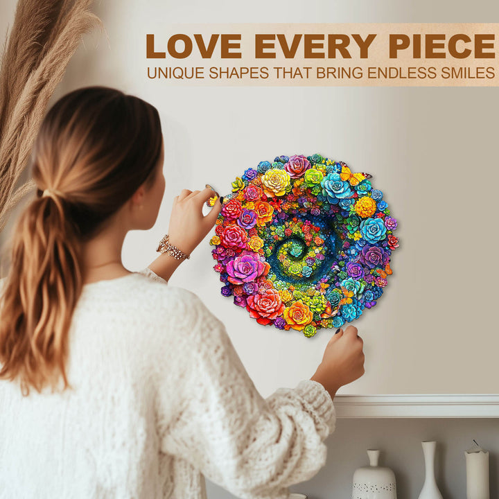 Rainbow vortex succulents Wooden Jigsaw Puzzle