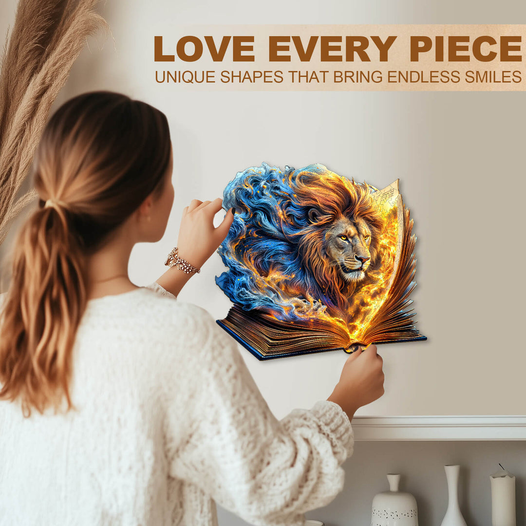 Woman interacting with Roaring Pages wooden jigsaw puzzle featuring a lion and a fiery book design.