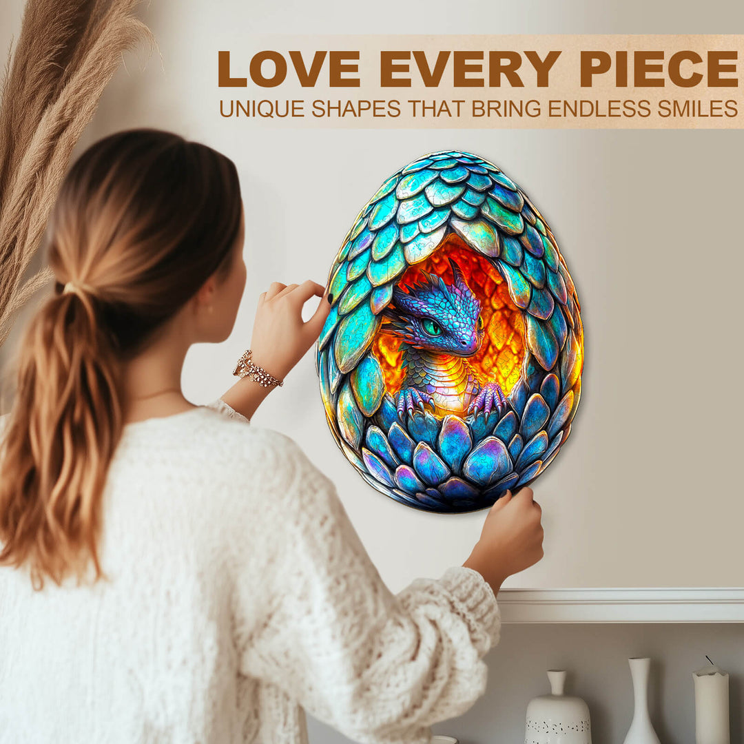 Woman admiring colorful Draconic Rebirth-2 wooden jigsaw puzzle, showcasing unique dragon and scales design.