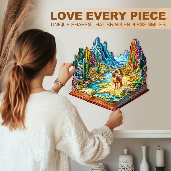 Woman enjoying the Vibrant Wilderness wooden jigsaw puzzle, showcasing unique shapes and vibrant colors.
